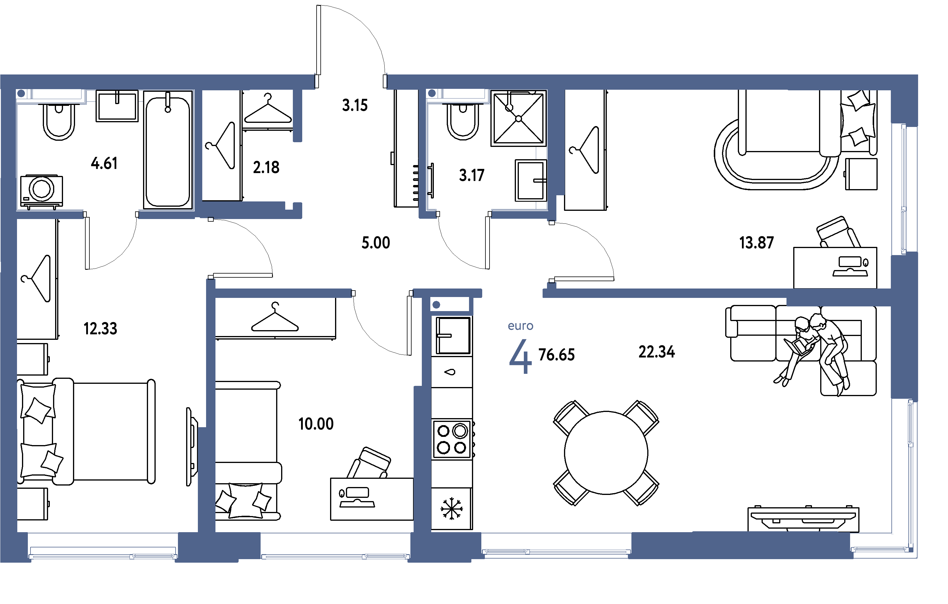 Планировка: Евро-4 76,65 м² в ЖК «Страна.Прибрежная»