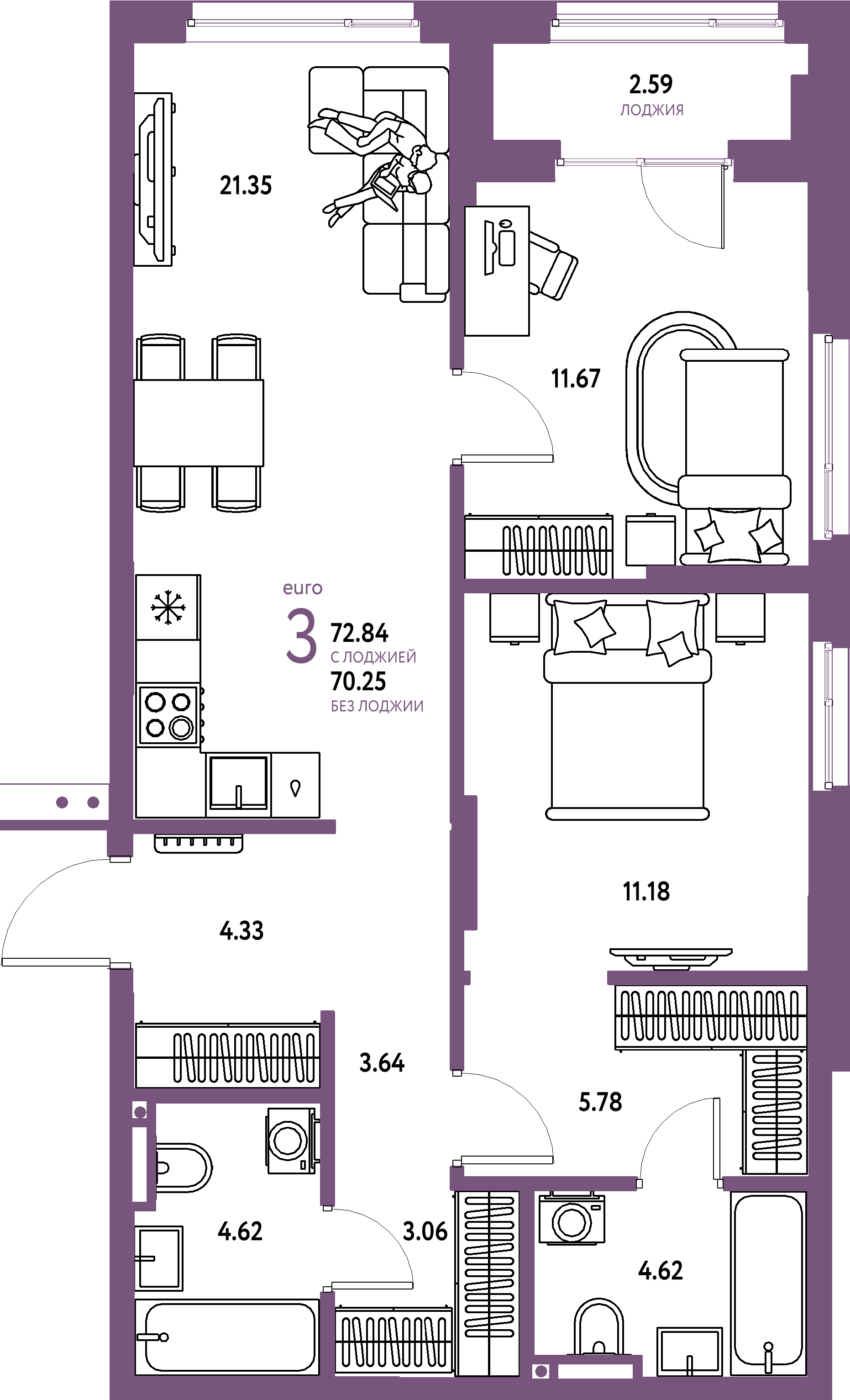 Планировка: Евротрёшка 72,84 м² в ЖК «Страна.Прибрежная»