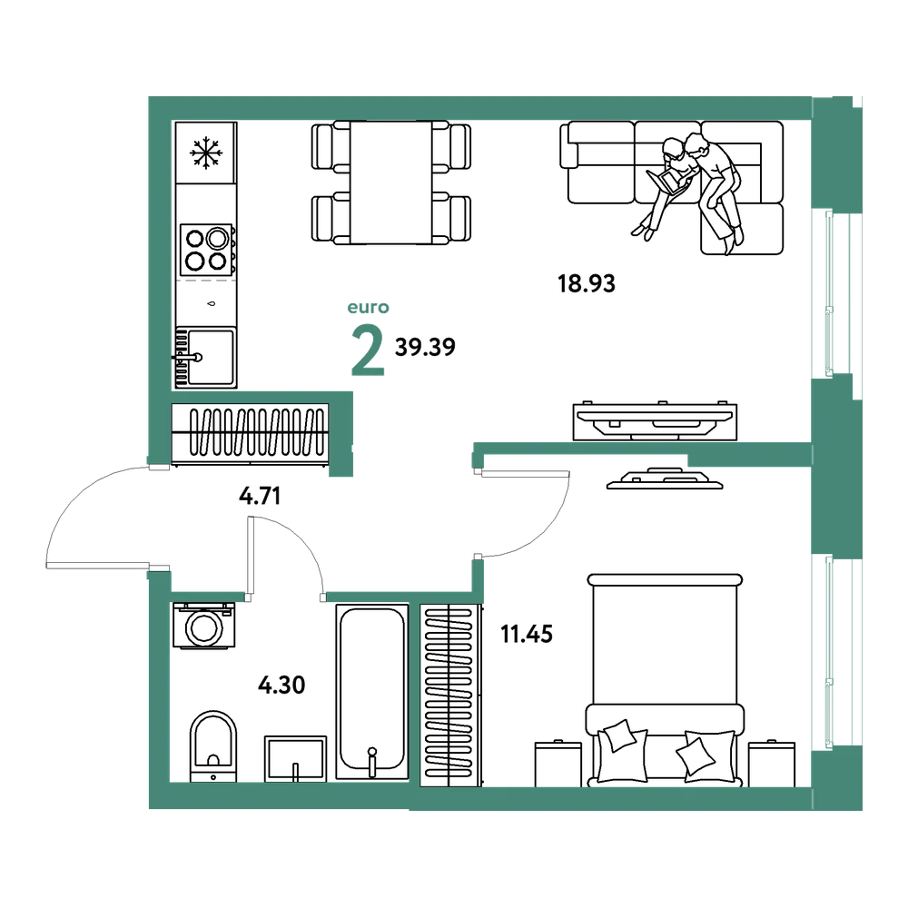 Планировка: Евродвушка 39,39 м²