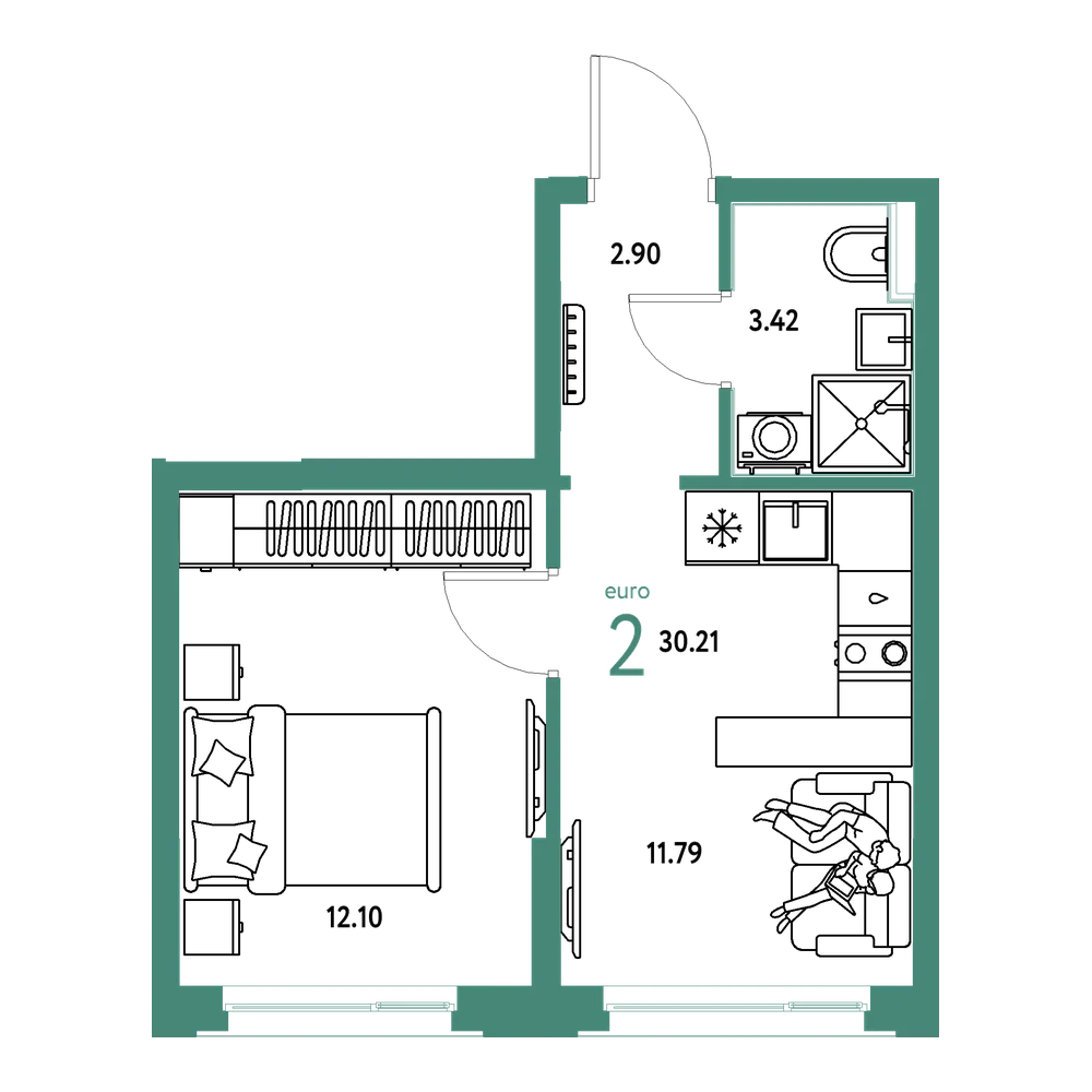 Планировка: Евродвушка 30,21 м²