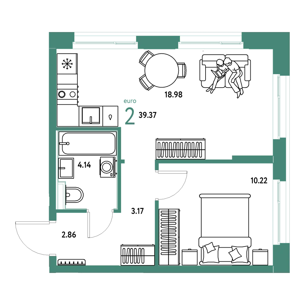 Планировка: Евродвушка 39,37 м²