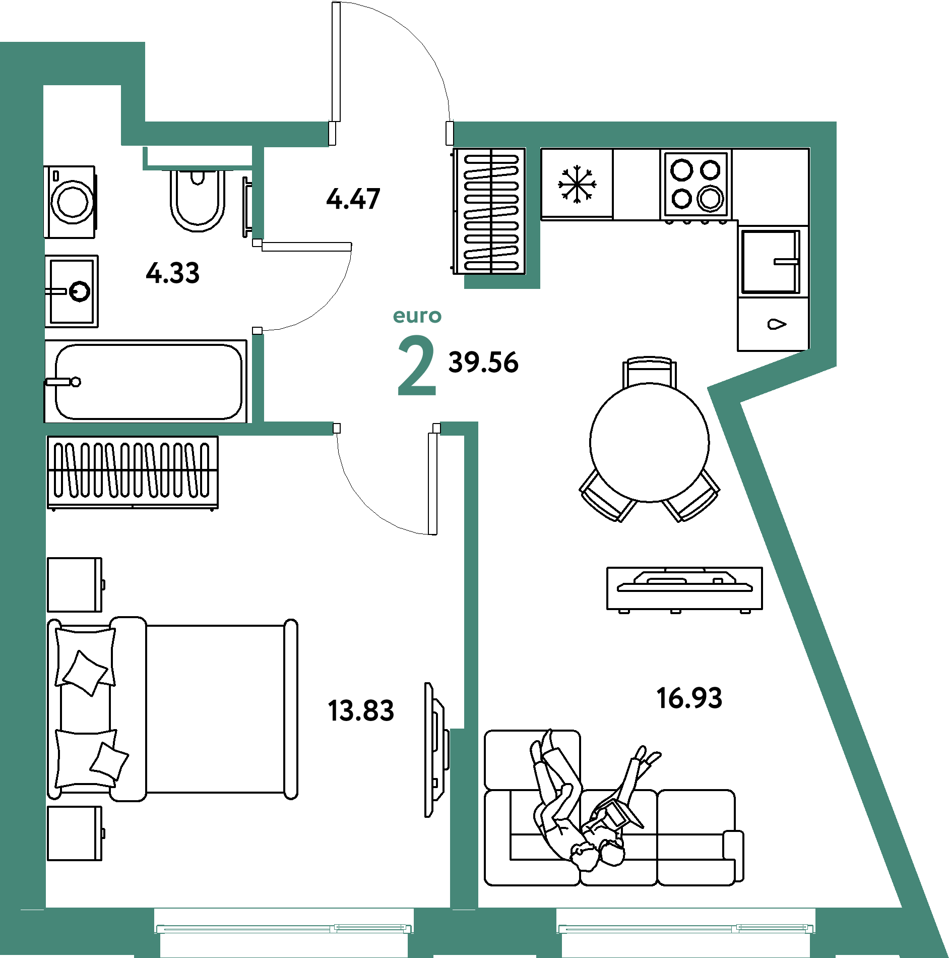 Планировка: Евродвушка 39,34 м² в ЖК «Авторский»