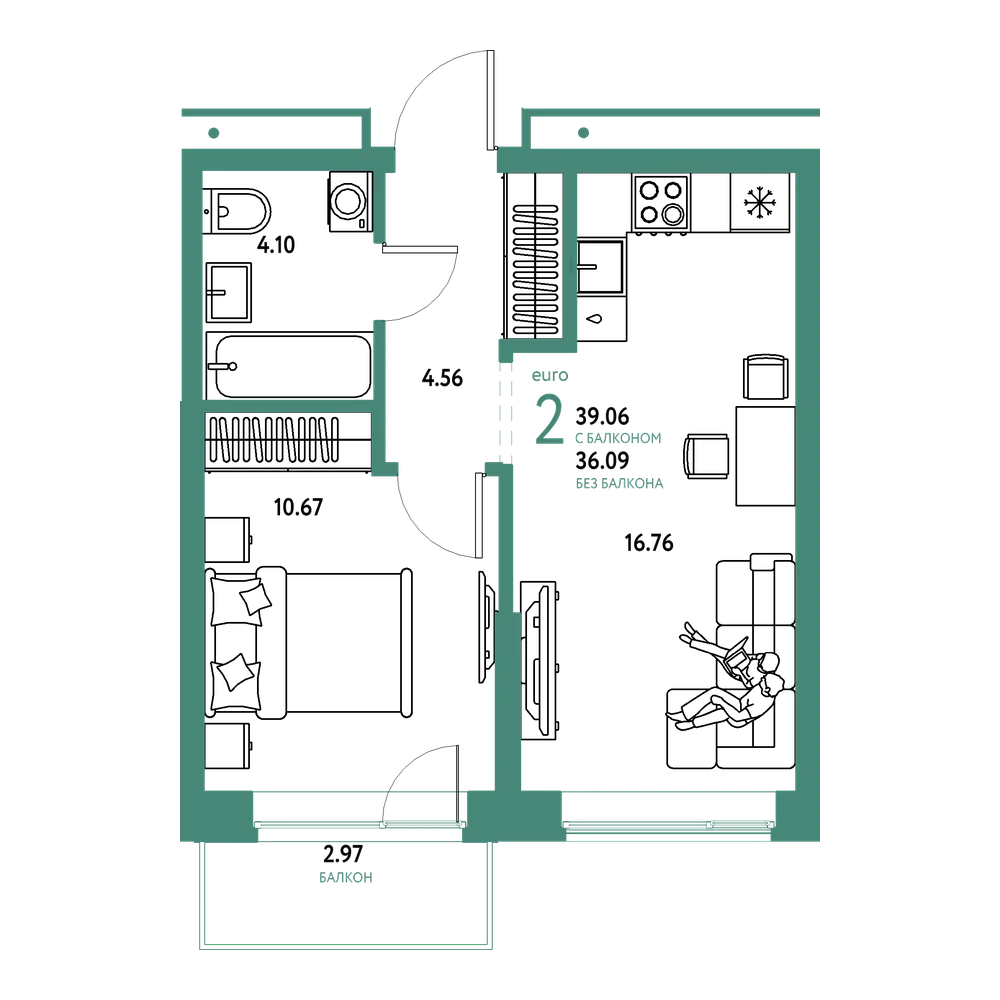 Планировка: Евродвушка 39,06 м²