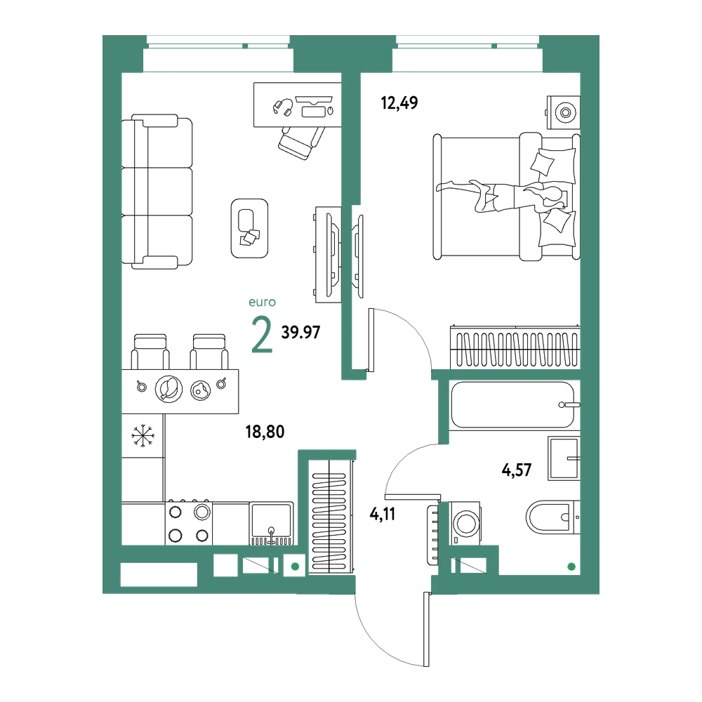 Планировка: Евродвушка 39,97 м²