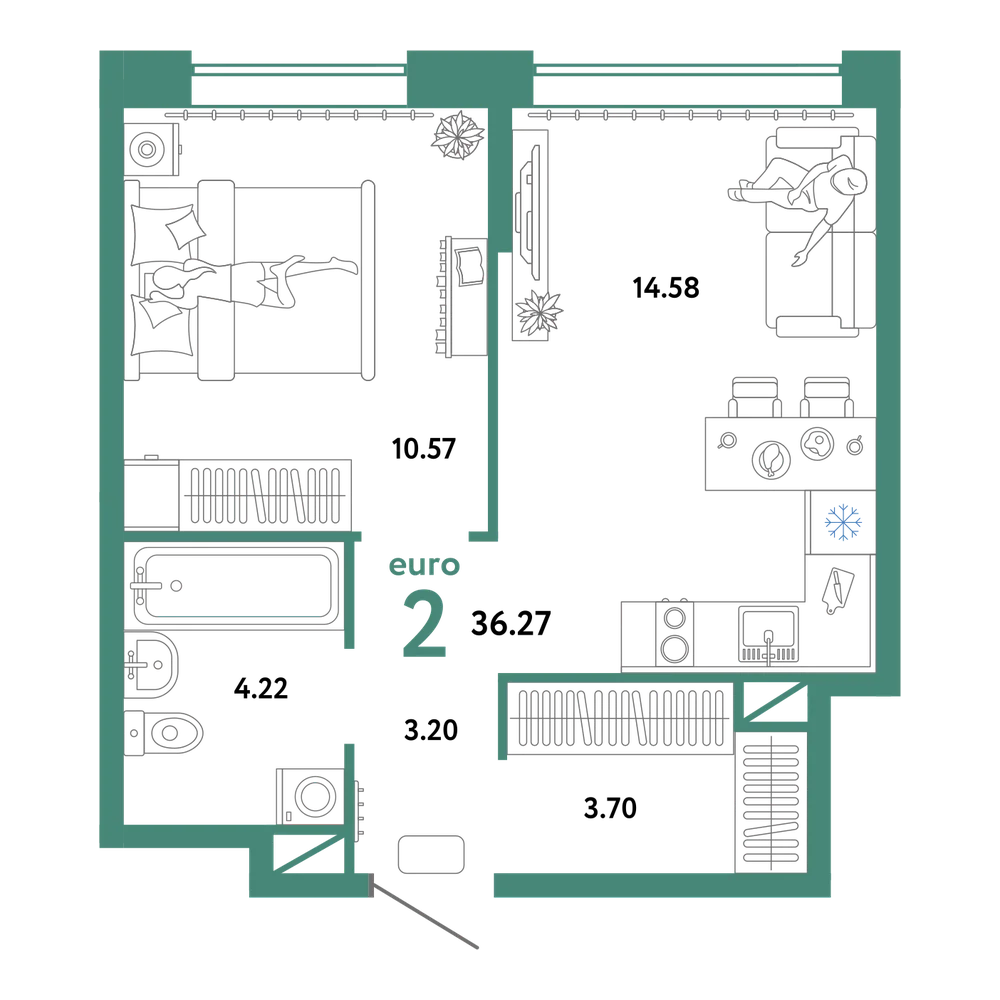 Планировка: Евродвушка 36,27 м²