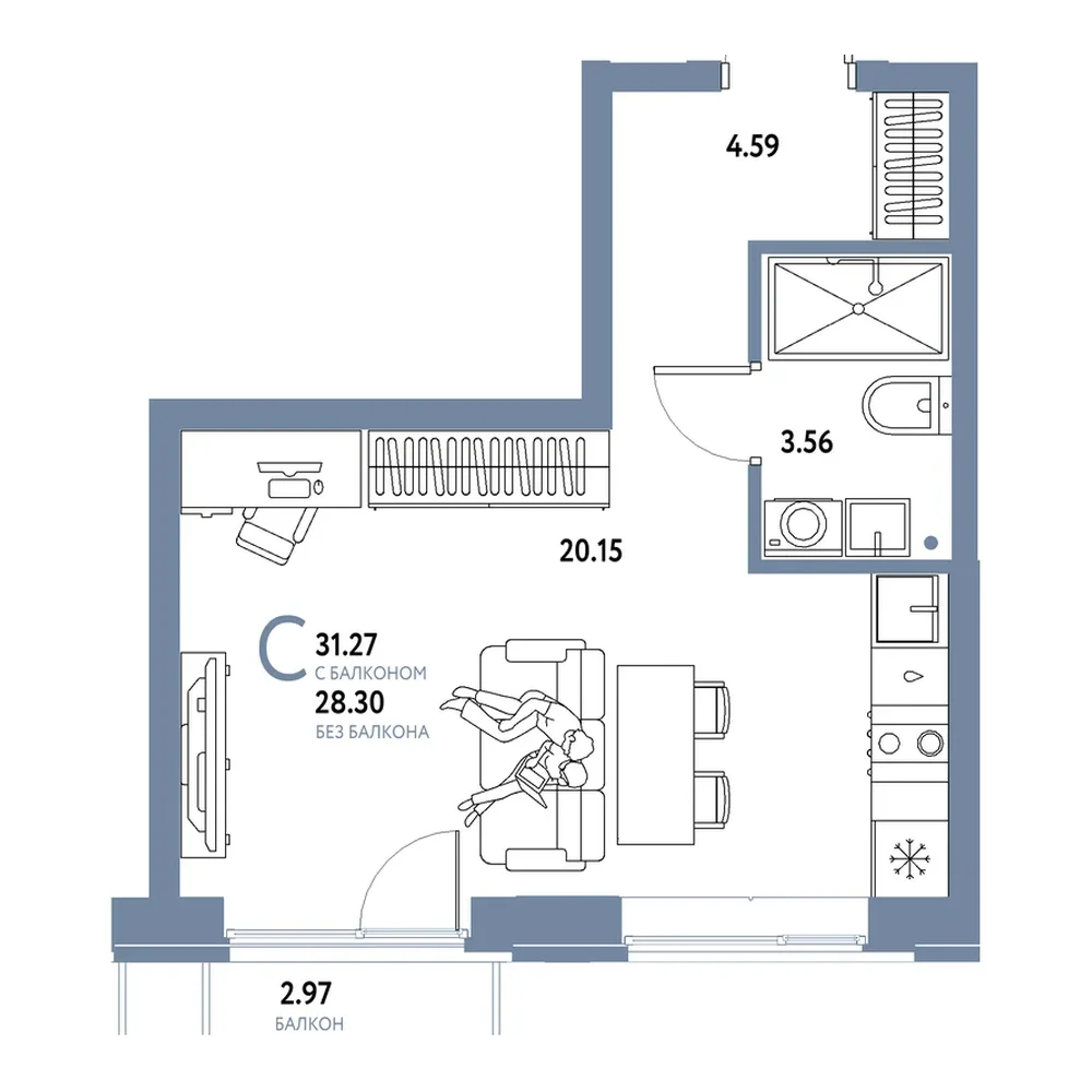 Планировка: Студия 31,27 м²