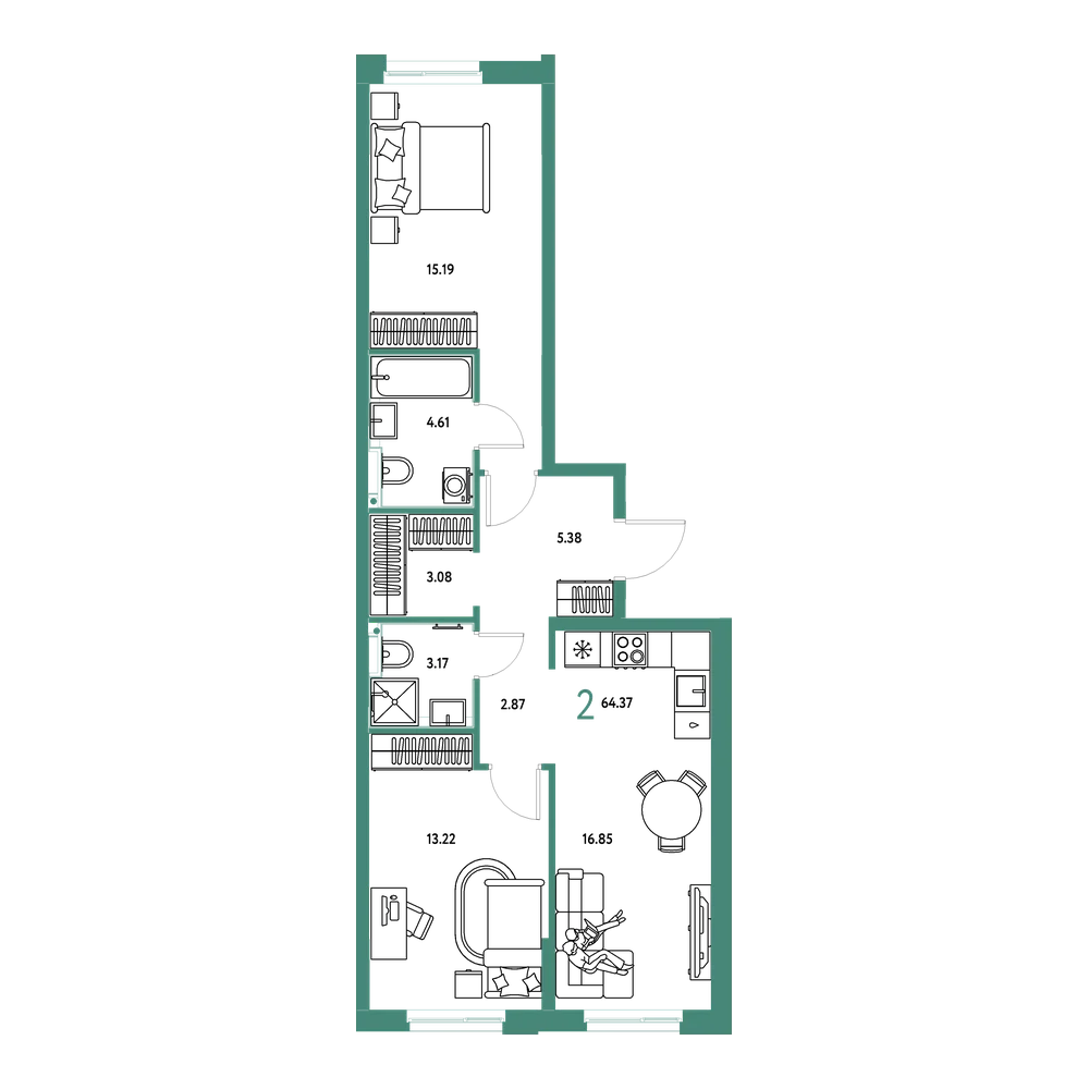 Планировка: 2-комнатная 64,37 м²