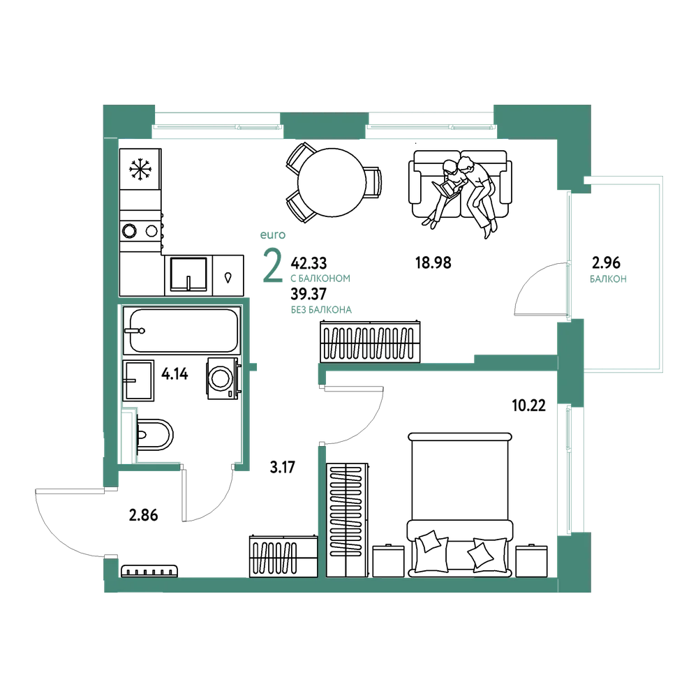 Планировка: Евродвушка 42,05 м²