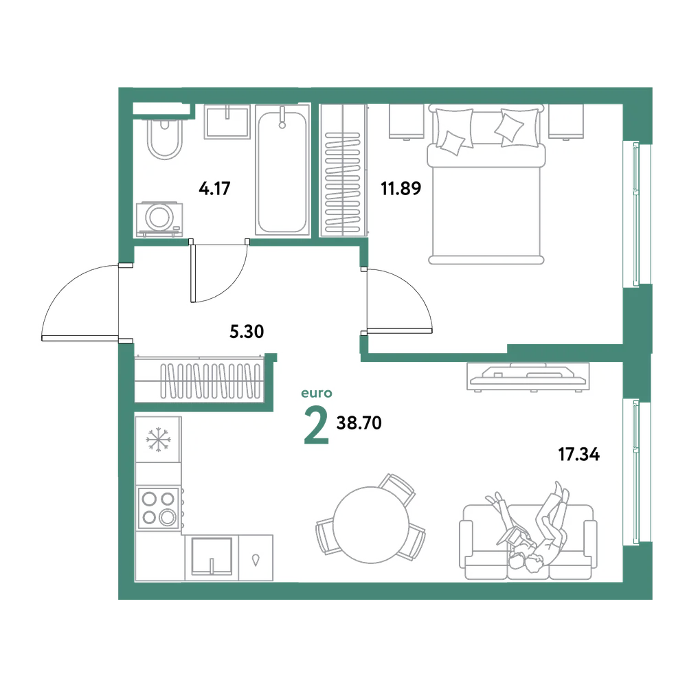 Планировка: Евродвушка 38,7 м²