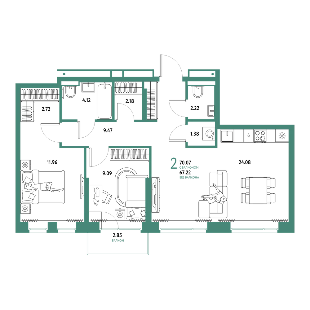 Планировка: Евротрёшка 70,07 м²