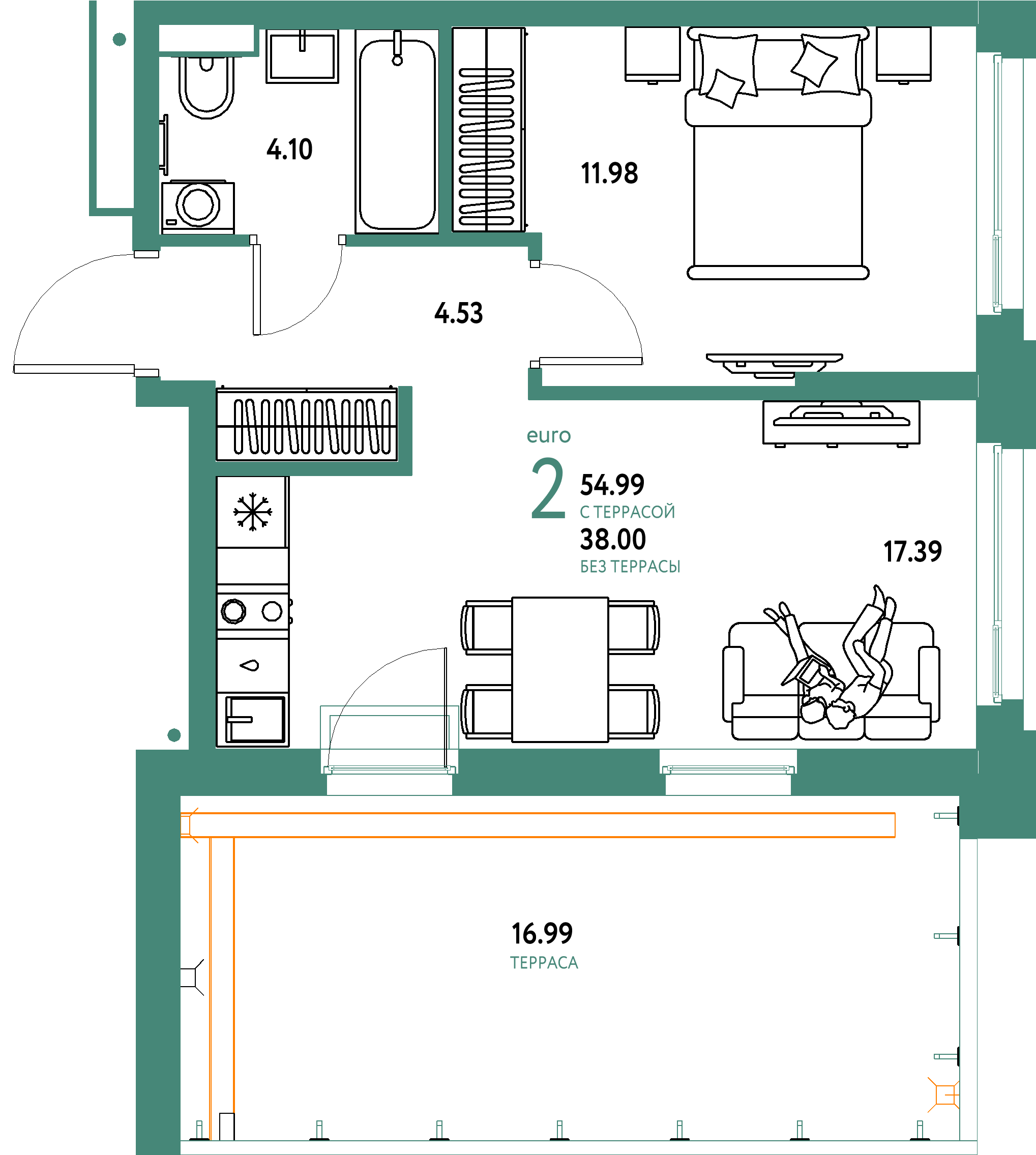 Планировка: Евродвушка 54,99 м² в ЖК «Авторский»