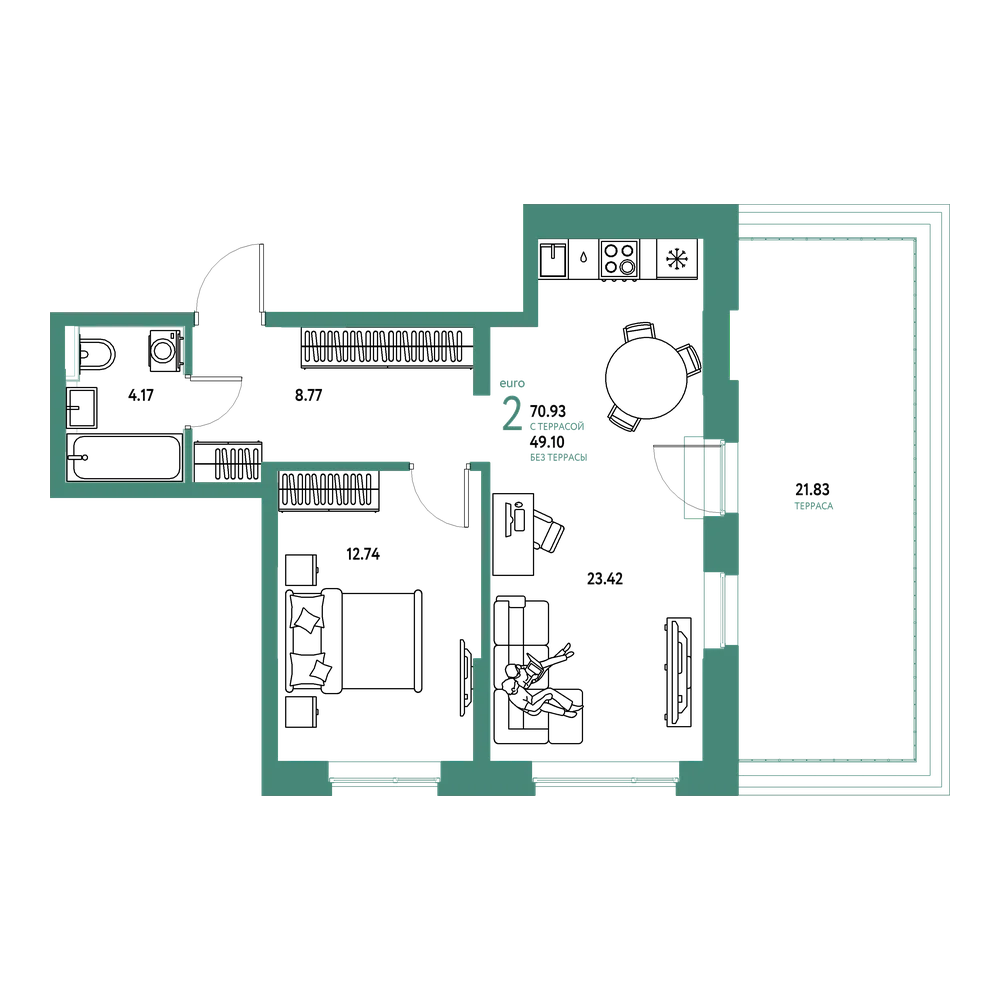Планировка: Евродвушка 70,93 м²