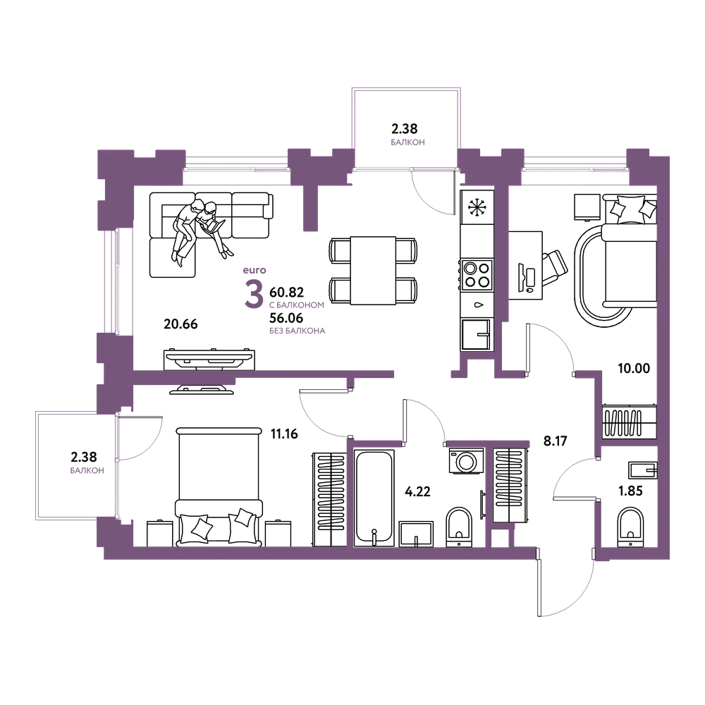 Планировка: Евротрёшка 60,82 м²