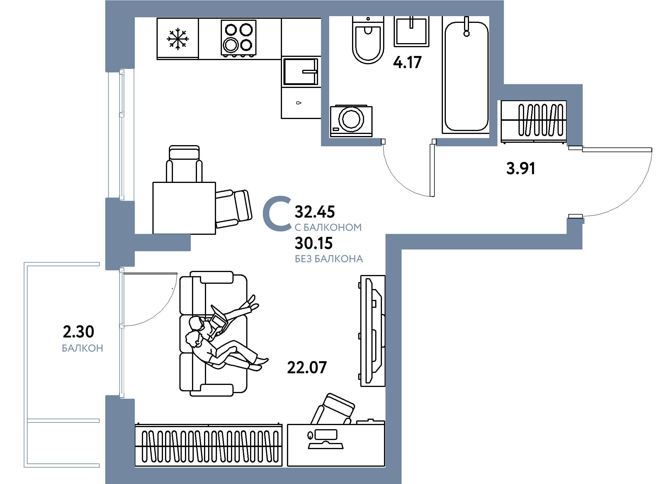 Планировка: Студия 32,45 м² в ЖК «Европейский берег 2.0»