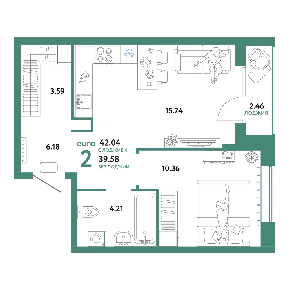 Планировка: Евродвушка 42,04 м²