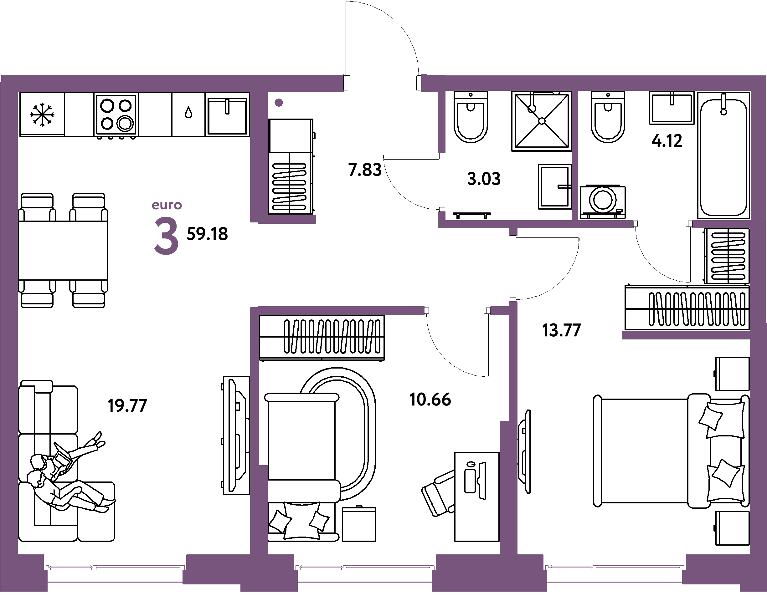 Планировка: Евротрёшка 59,18 м² в ЖК «Европейский берег 2.0»