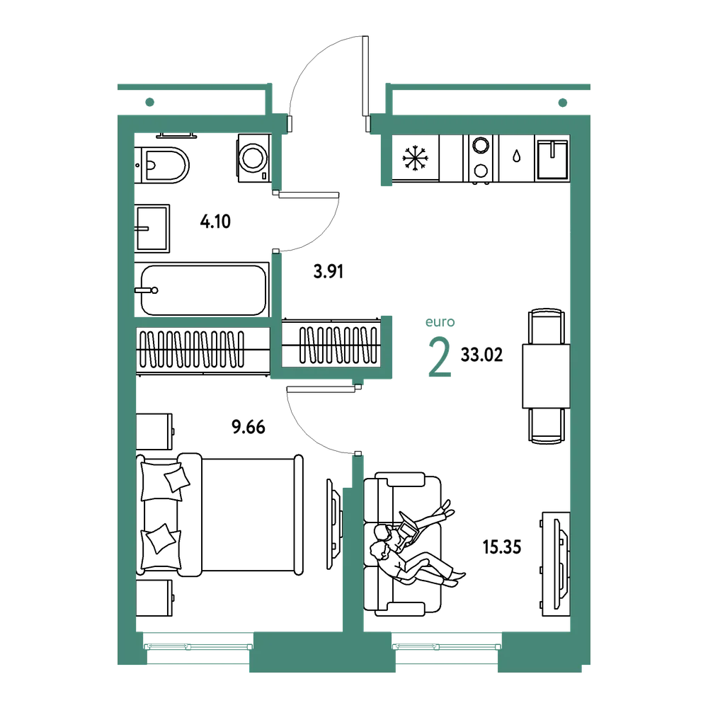 Планировка: Евродвушка 33,02 м²