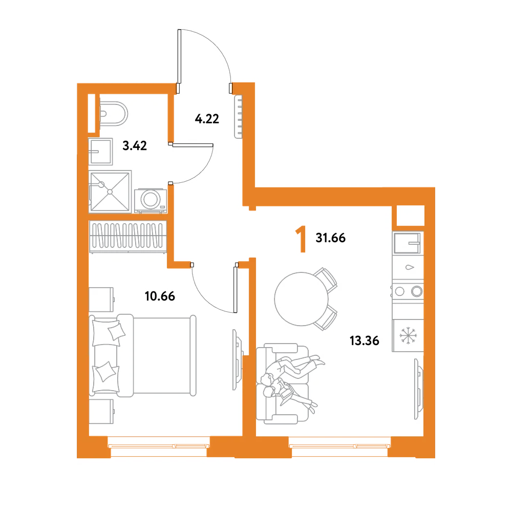 Планировка: 1-комнатная 31,66 м²