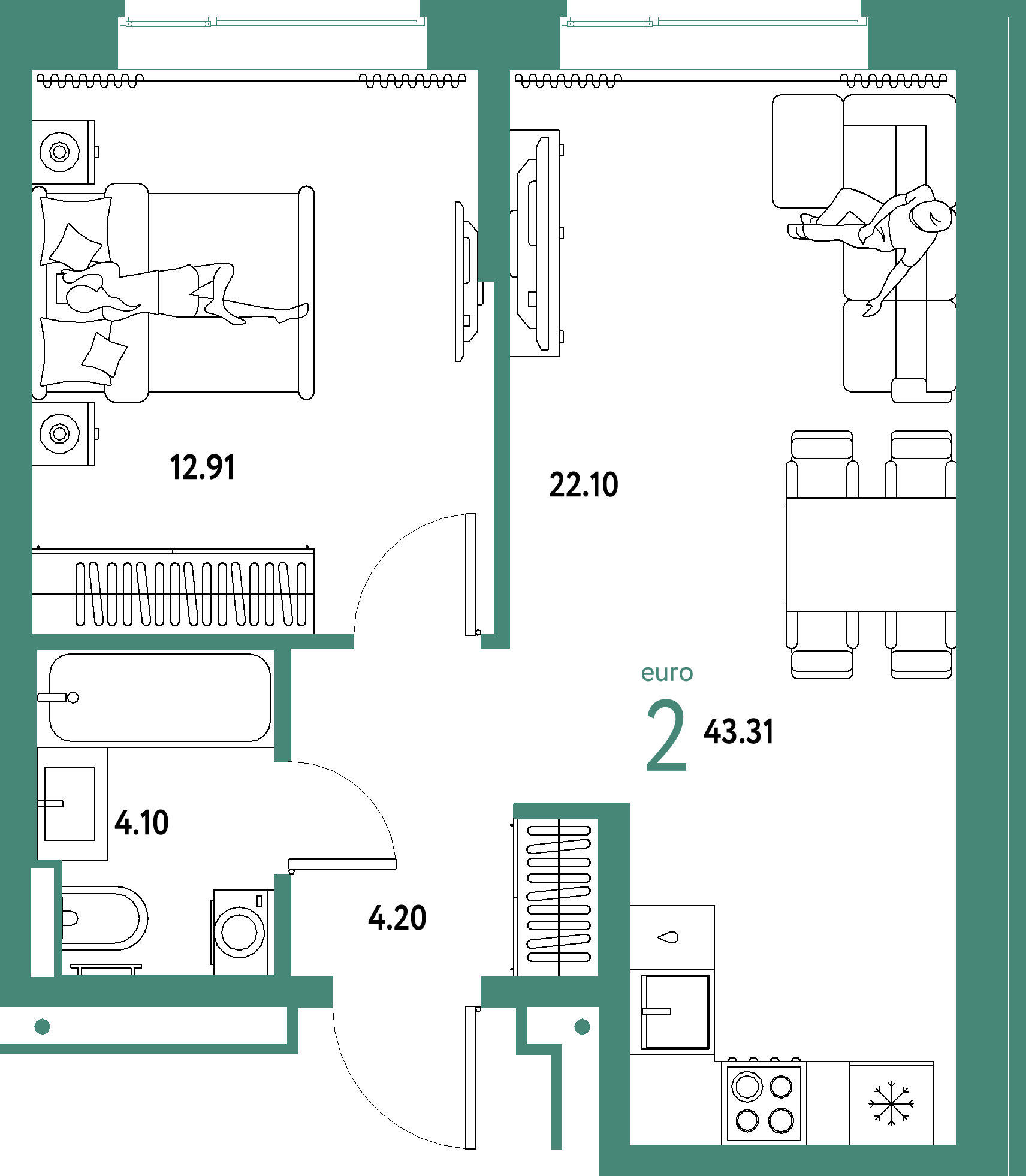 Планировка: Евродвушка 43,31 м² в ЖК «Домашний»