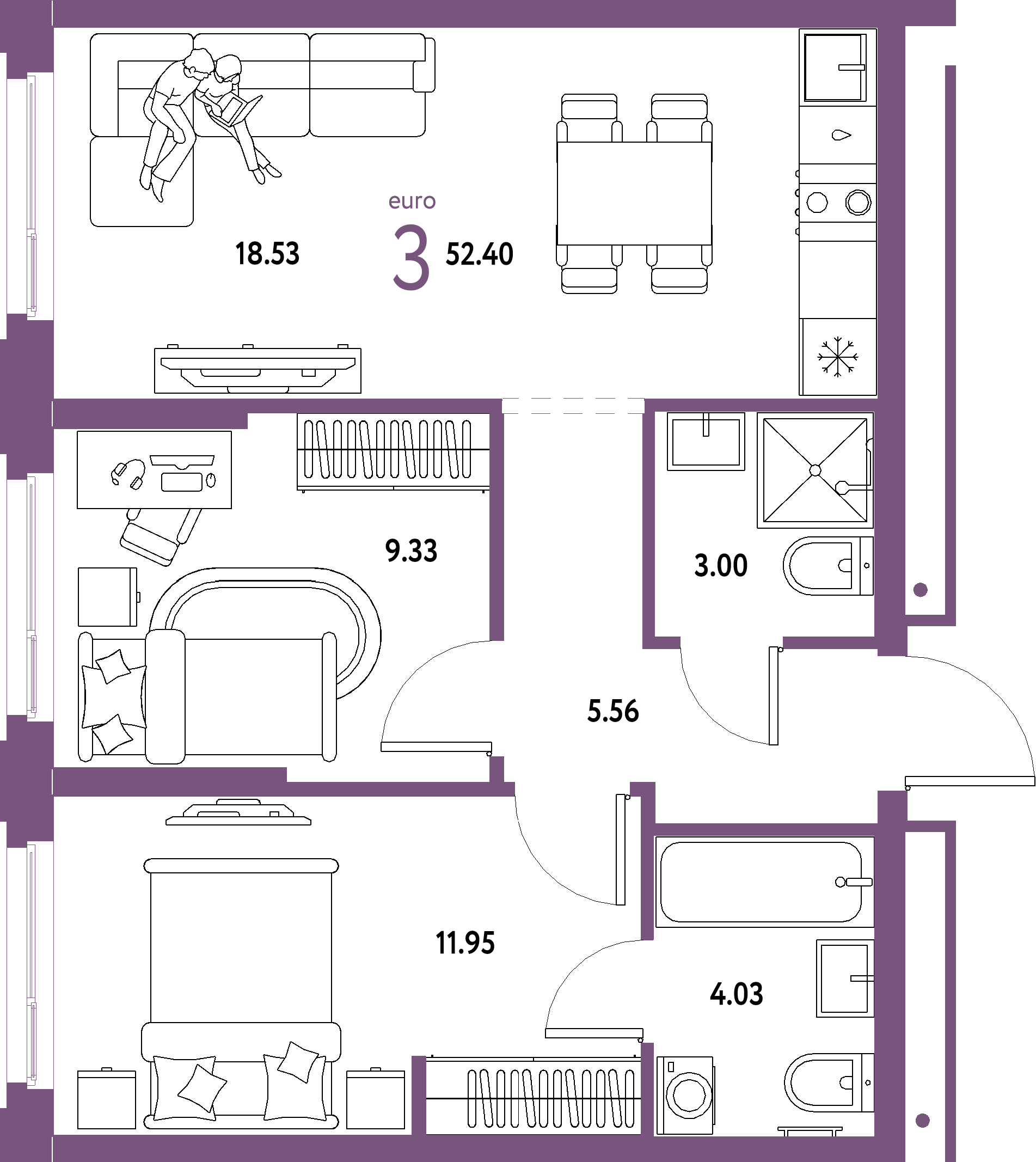 Планировка: Евротрёшка 52,4 м² в ЖК «Домашний»