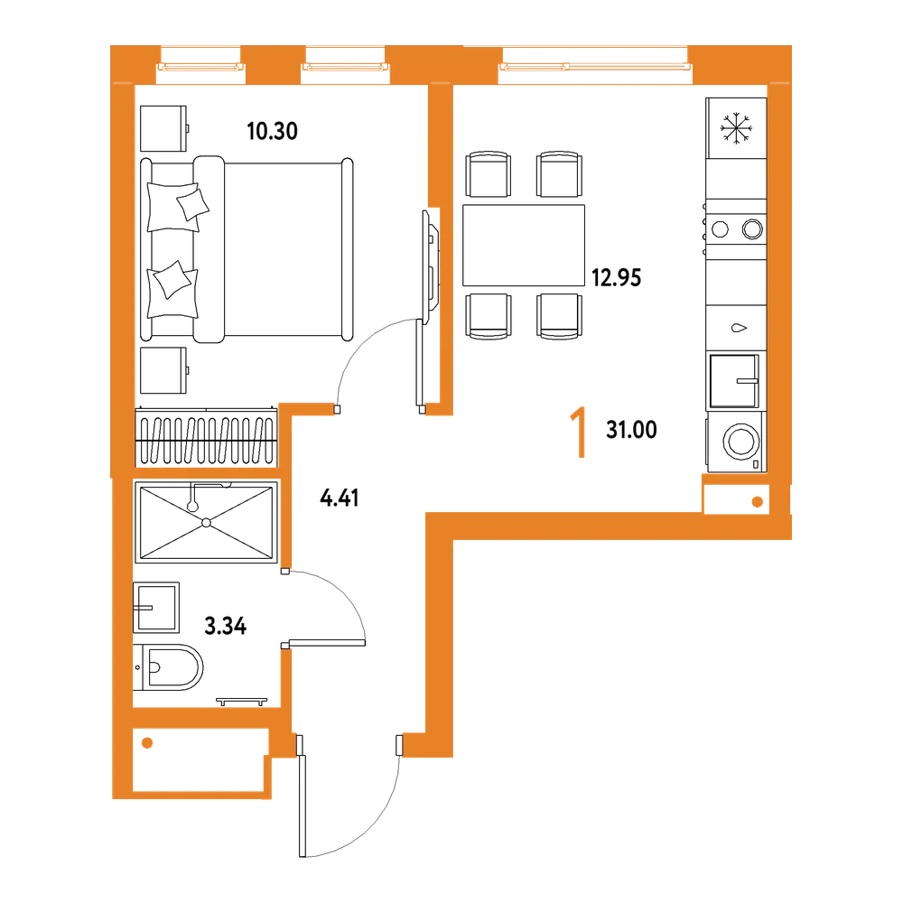 Планировка: 1-комнатная 31 м²