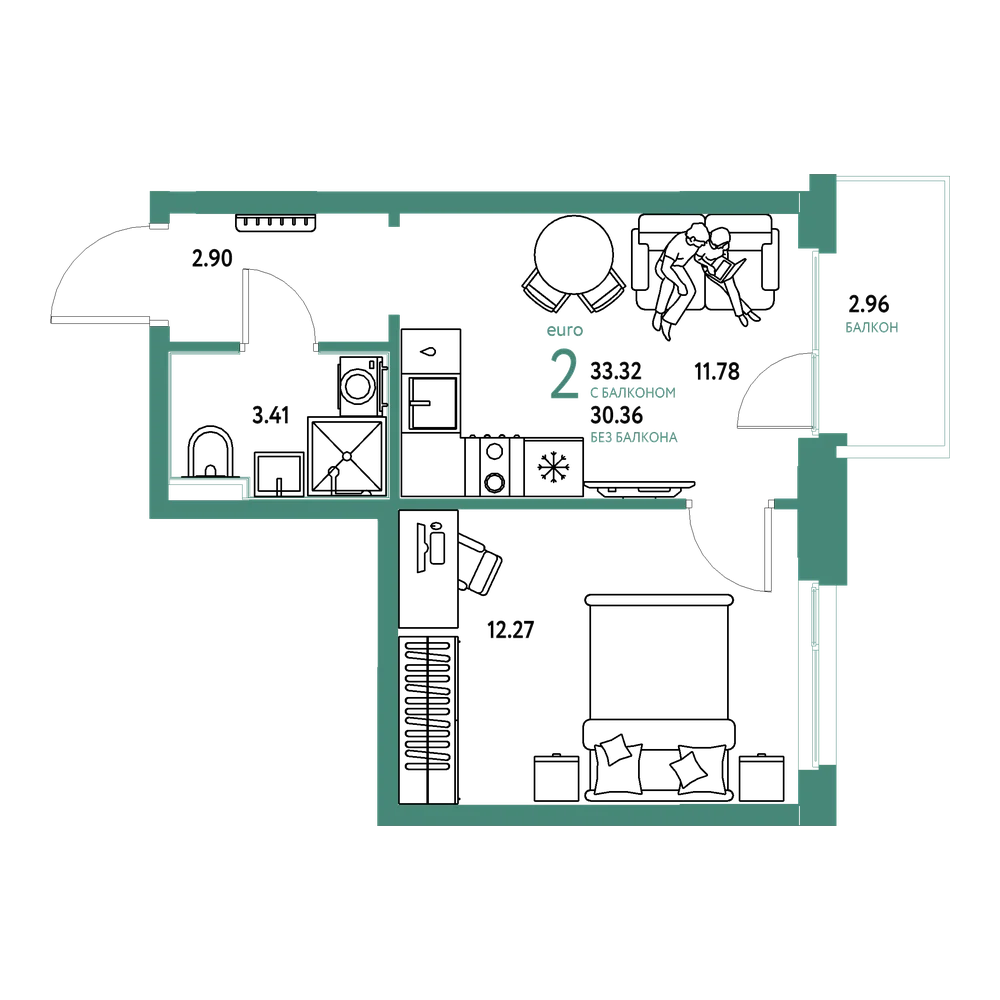 Планировка: Евродвушка 33,04 м²