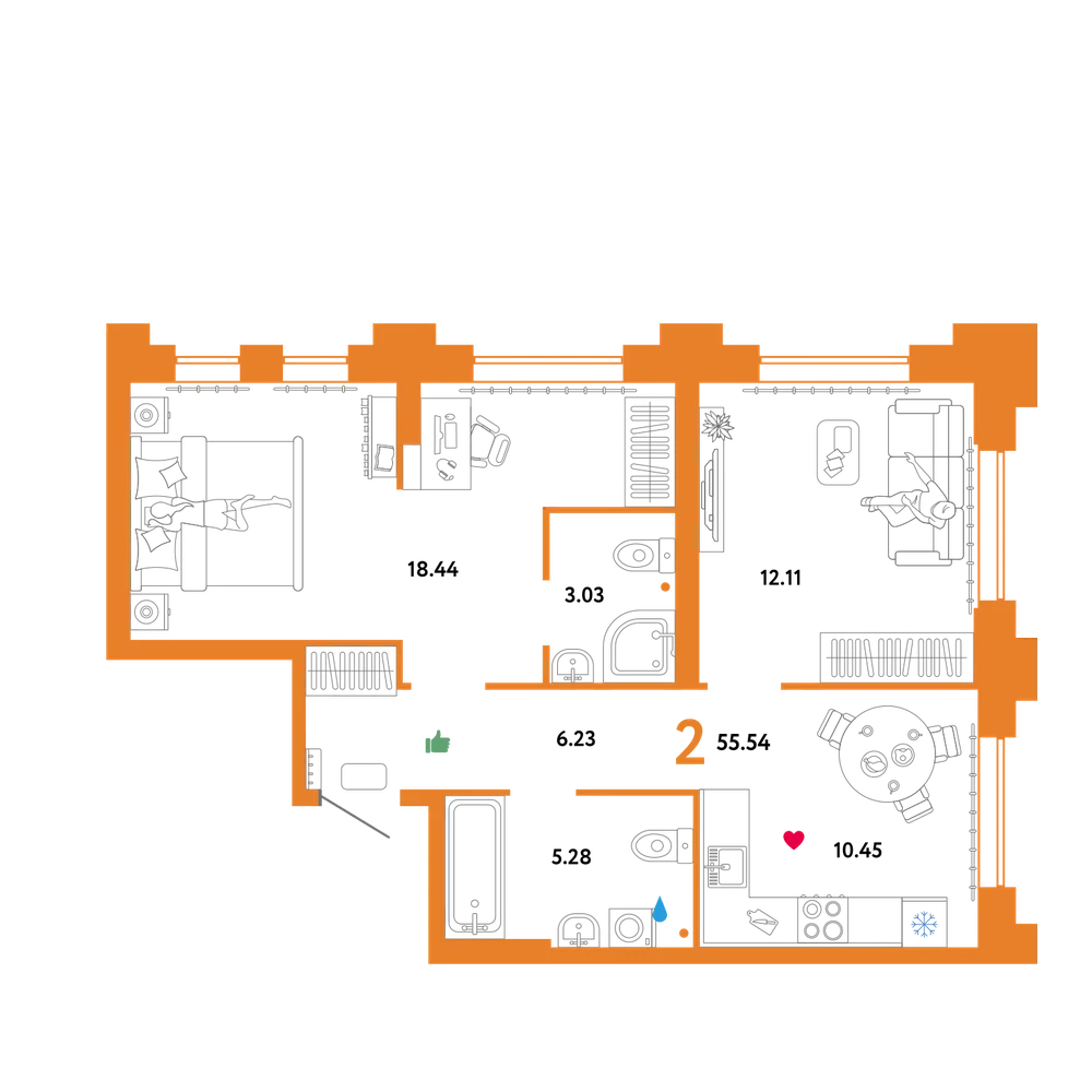 Планировка: 2-комнатная 55,54 м²