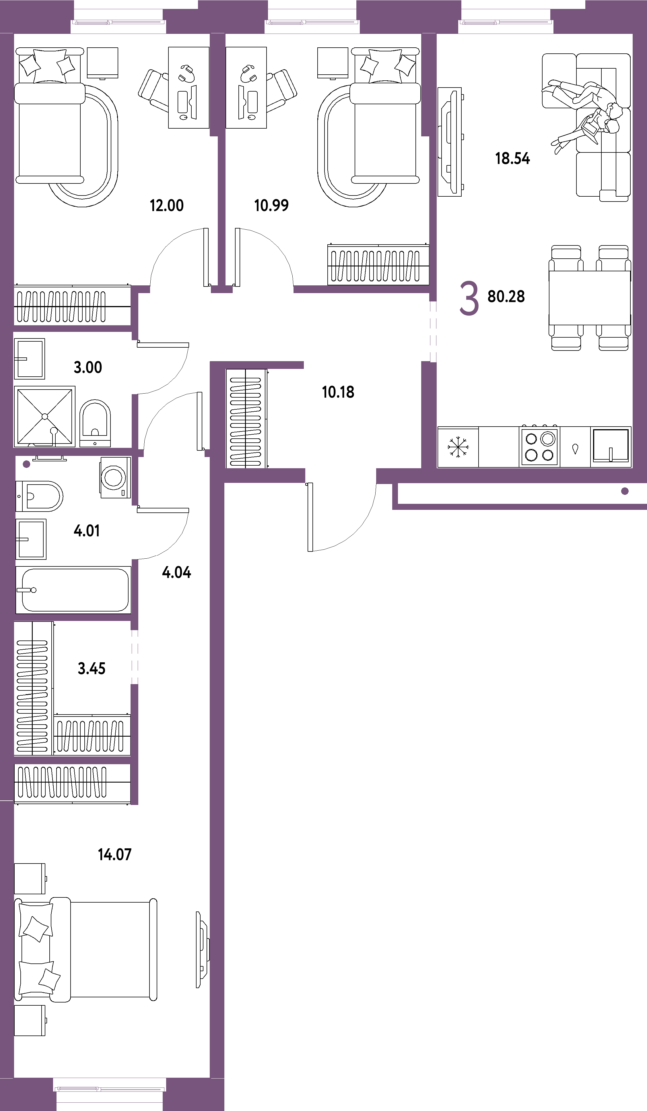 Планировка: 3-комнатная 80,28 м² в ЖК «Домашний»