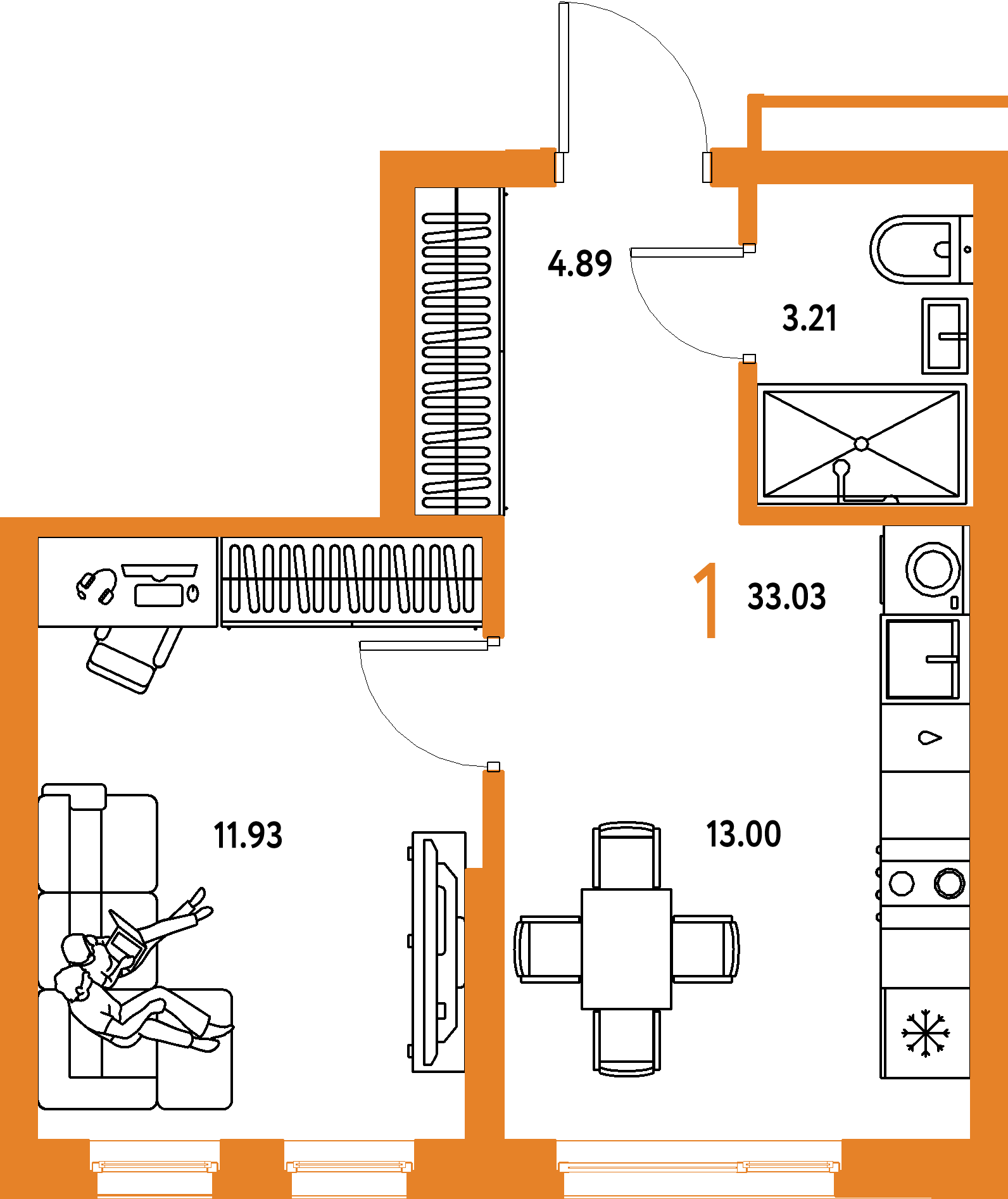 Планировка: 1-комнатная 33,03 м² в ЖК «Домашний»