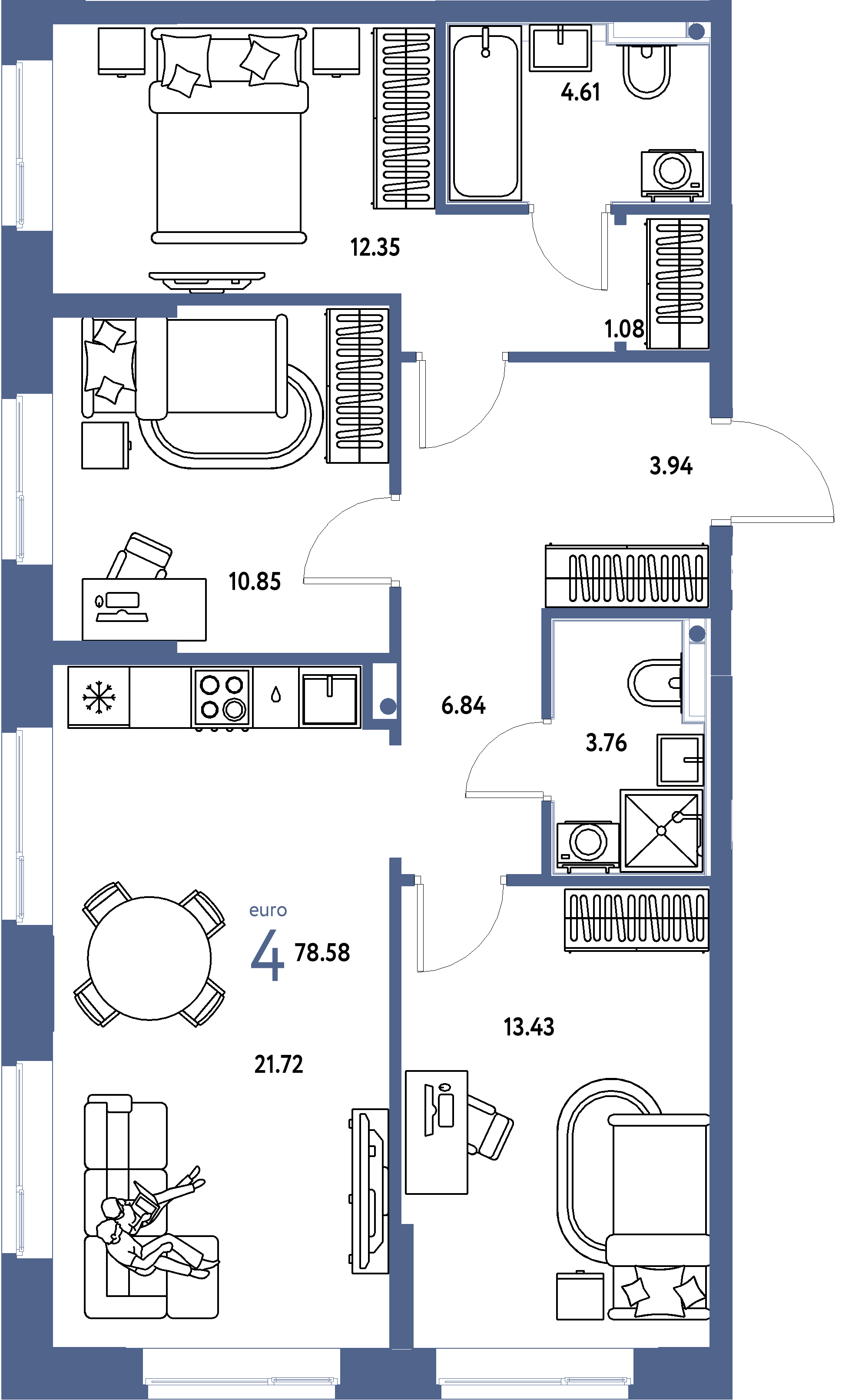 Планировка: Евро-4 78,58 м² в ЖК «Домашний»