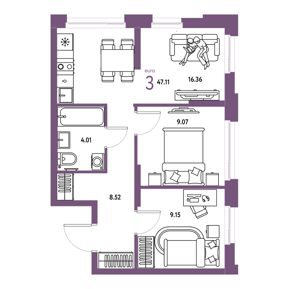 Планировка: Евротрёшка 47,11 м²
