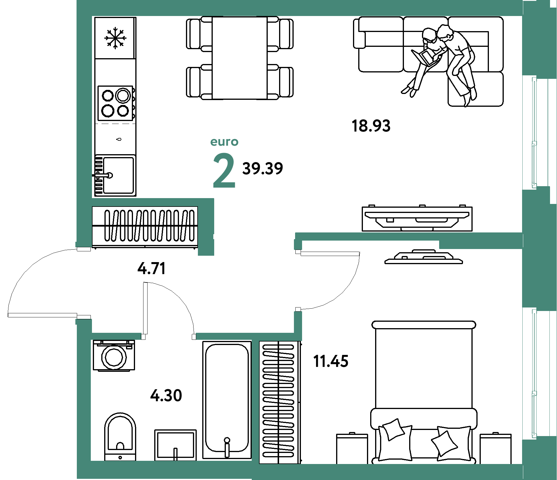Планировка: Евродвушка 39,39 м² в ЖК «Европейский берег 2.0»