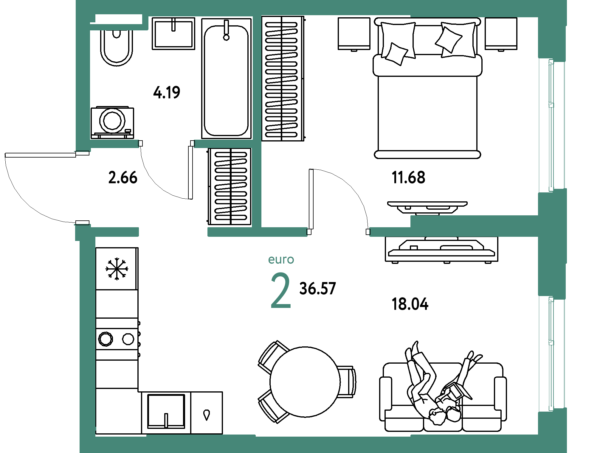 Планировка: Евродвушка 36,57 м² в ЖК «Остров-сад»