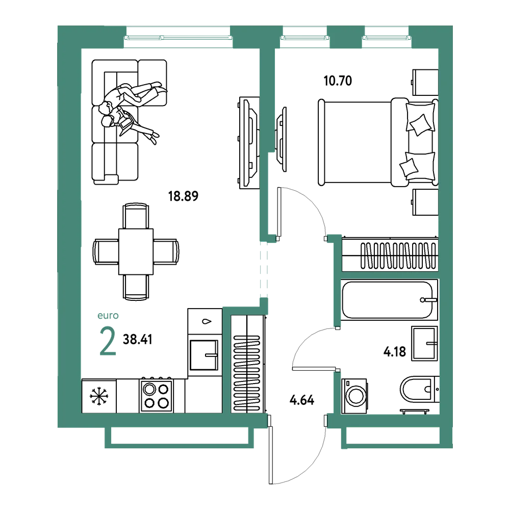 Планировка: Евродвушка 38,41 м²