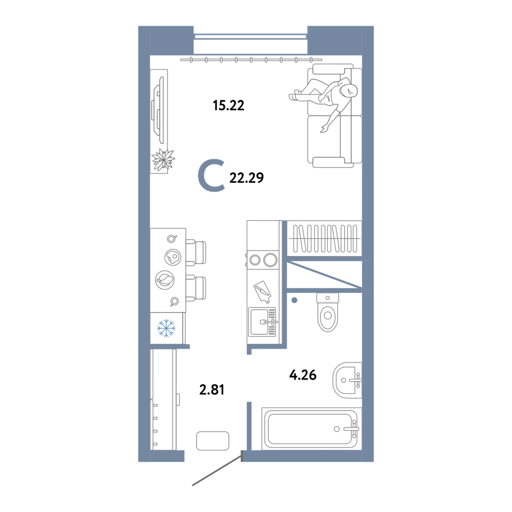 Планировка: Студия 22,29 м²