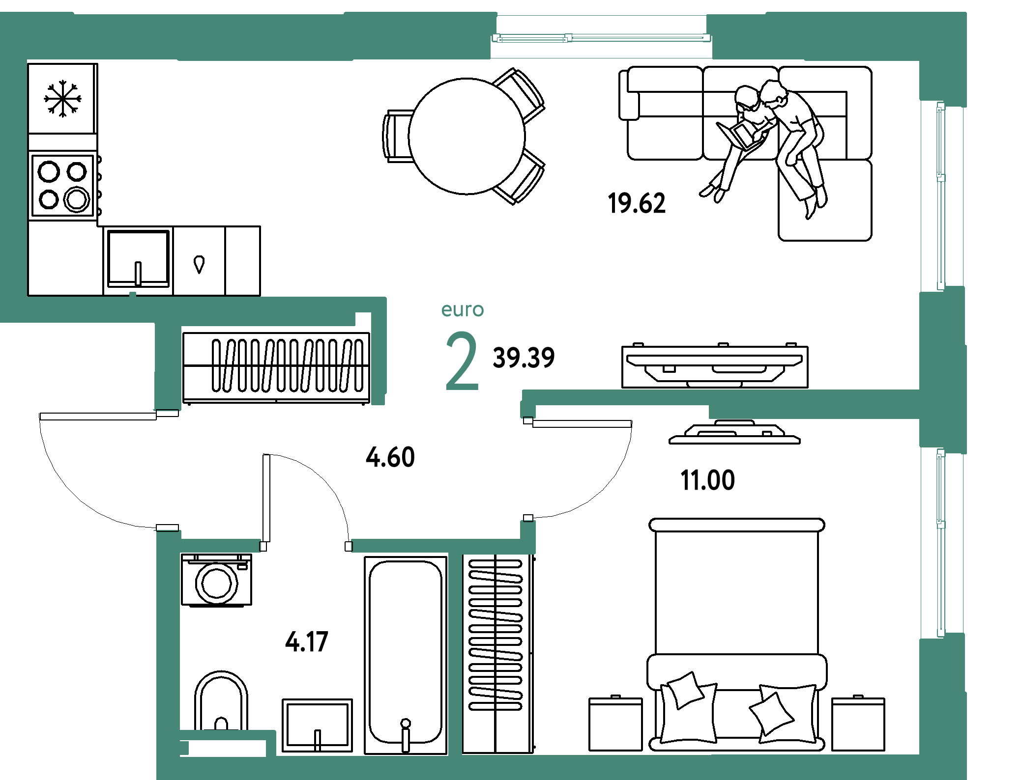 Планировка: Евродвушка 39,39 м² в ЖК «Остров-сад»