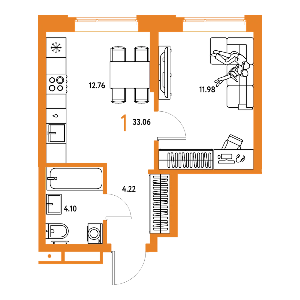 Планировка: 1-комнатная 33,06 м²