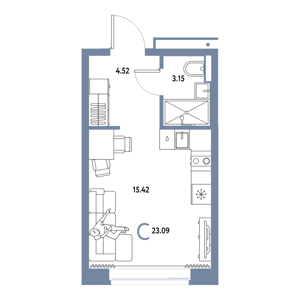 Планировка: Студия 23,09 м²