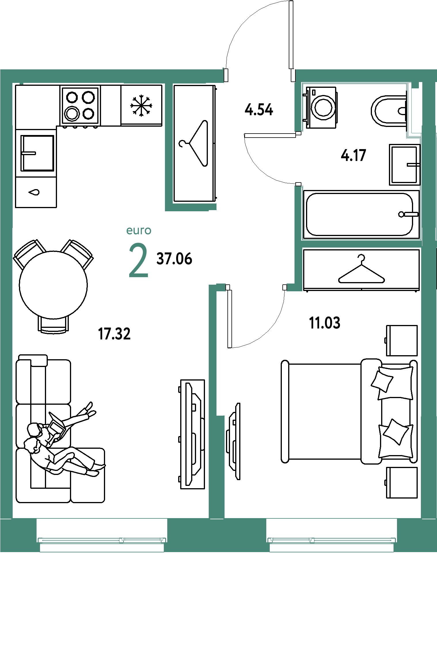 Планировка: Евродвушка 37,06 м² в ЖК «Европейский берег 2.0»