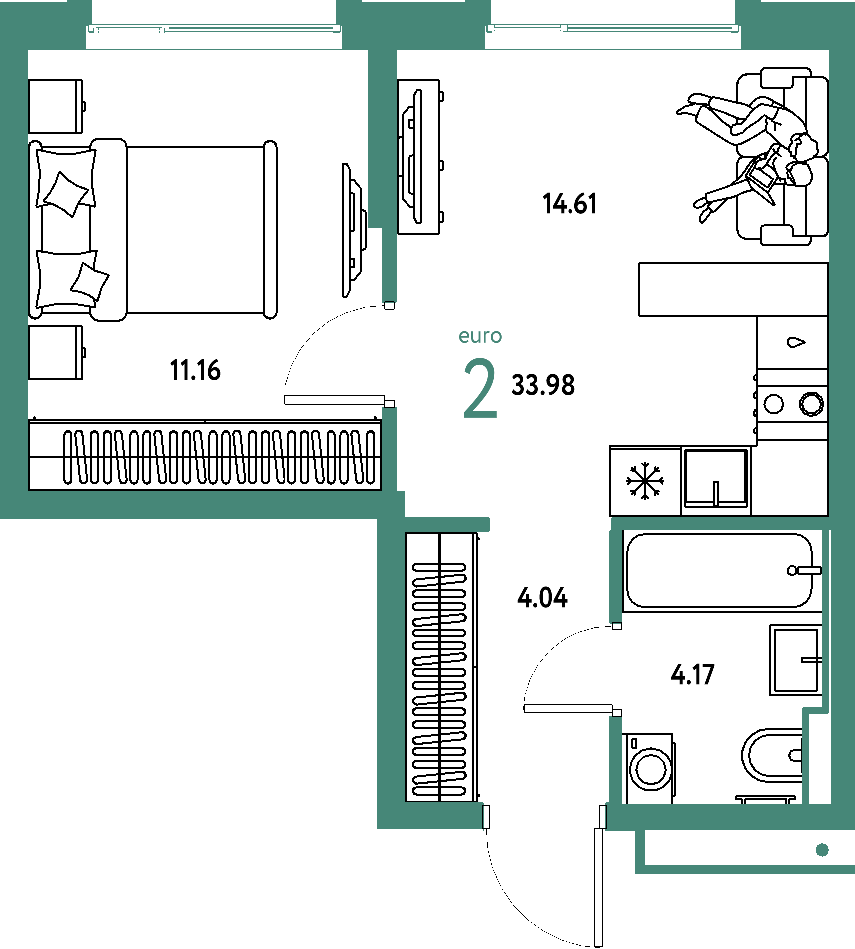Планировка: Евродвушка 33,98 м² в ЖК «Авторский»