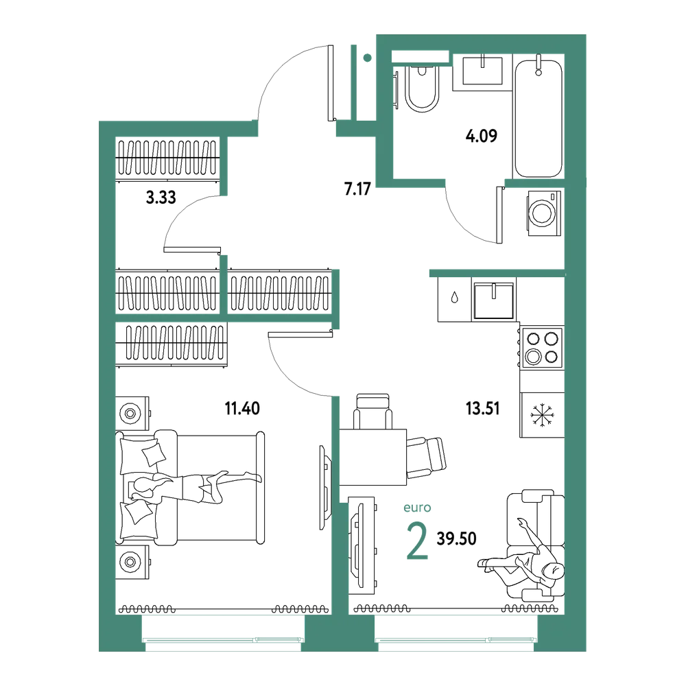 Планировка: Евродвушка 39,5 м²