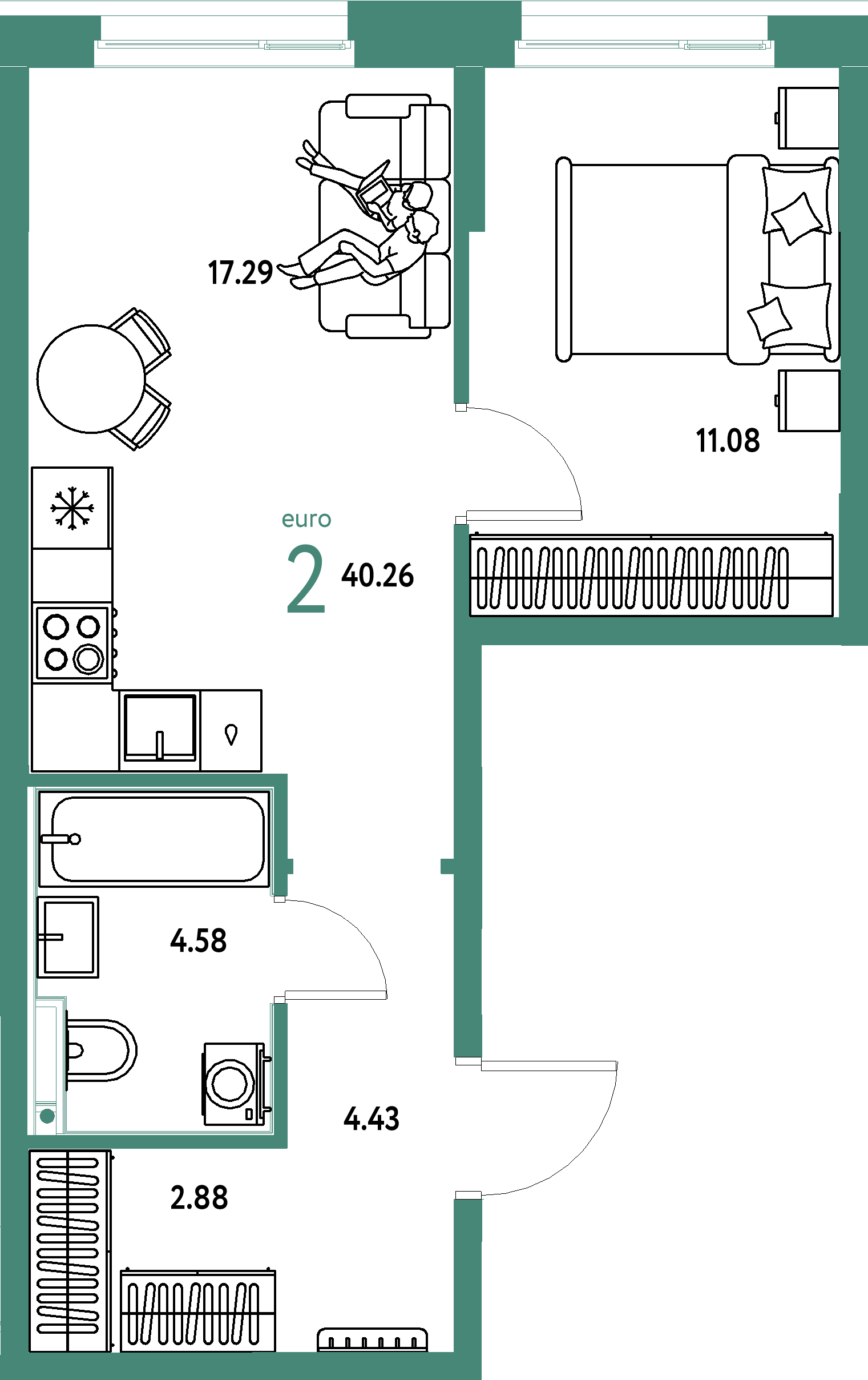 Планировка: Евродвушка 40,26 м² в ЖК «Домашний»