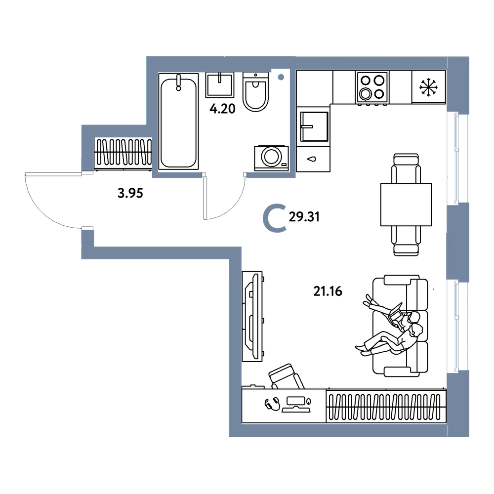 Планировка: Студия 29,31 м²