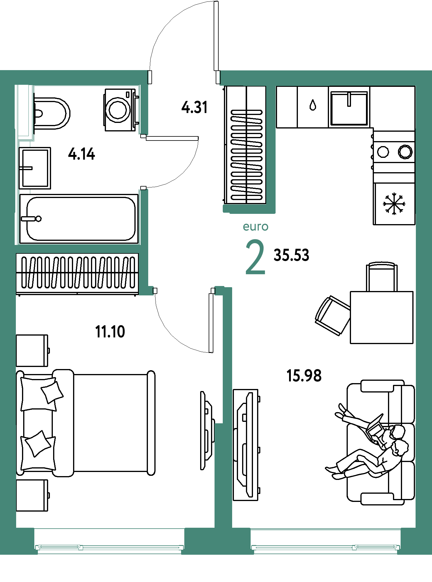 Планировка: Евродвушка 35,53 м² в ЖК «Остров-сад»