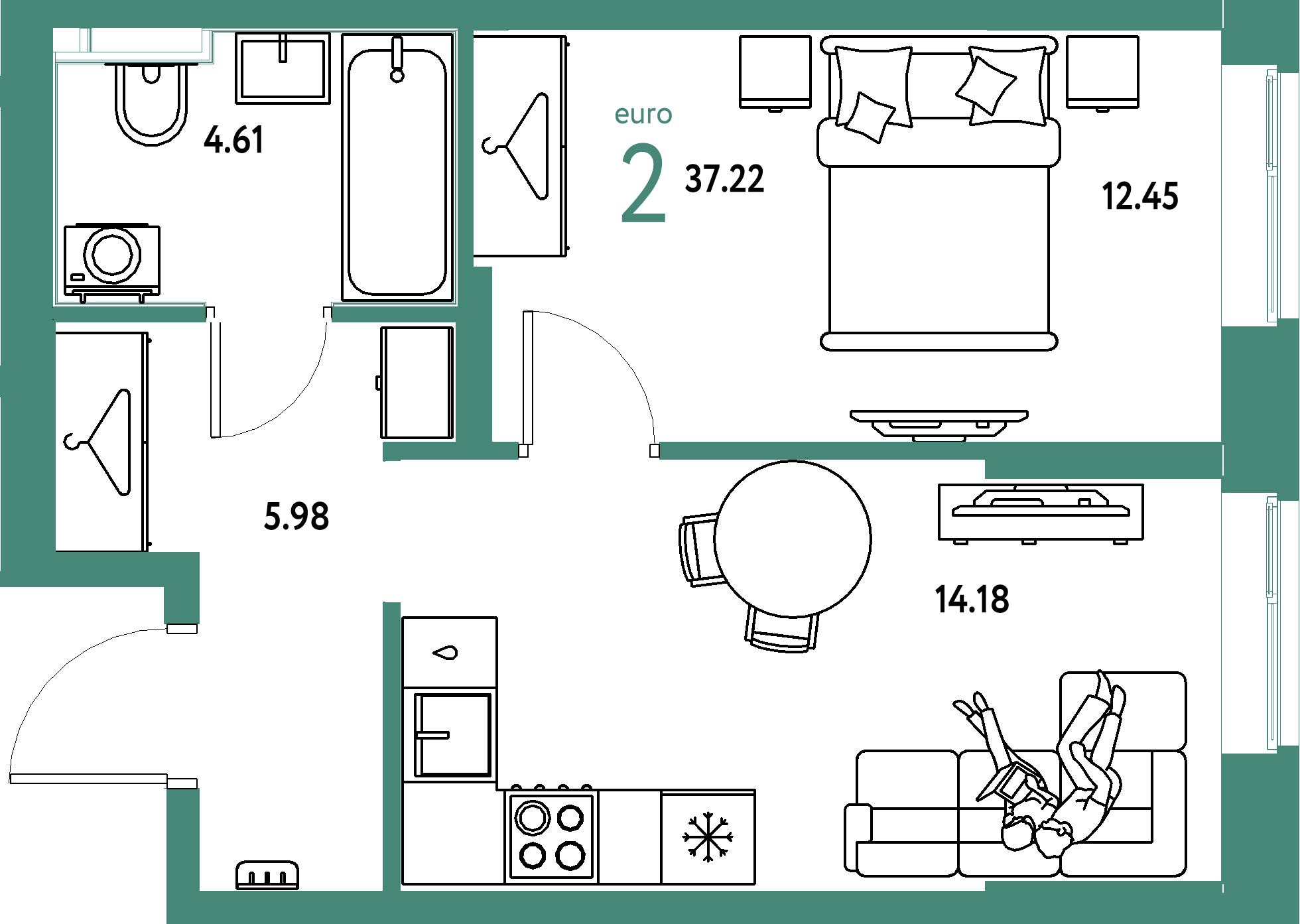Планировка: Евродвушка 37,22 м² в ЖК «Европейский берег 2.0»