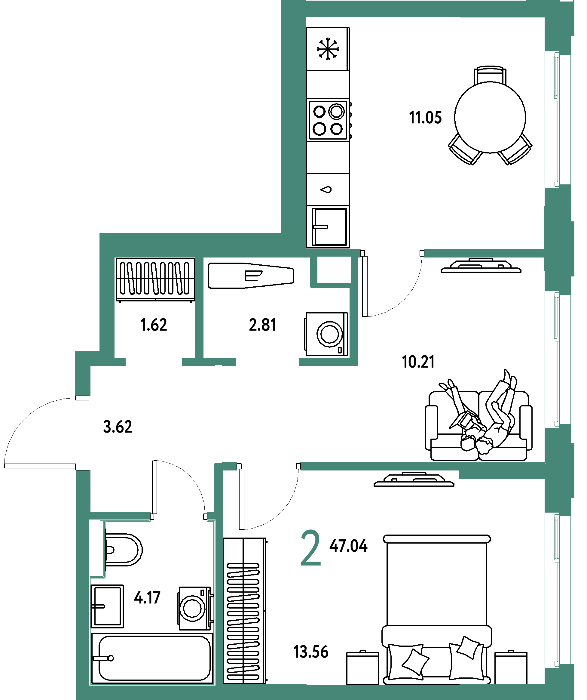 Планировка: 2-комнатная 47,04 м² в ЖК «Сердце Сибири»