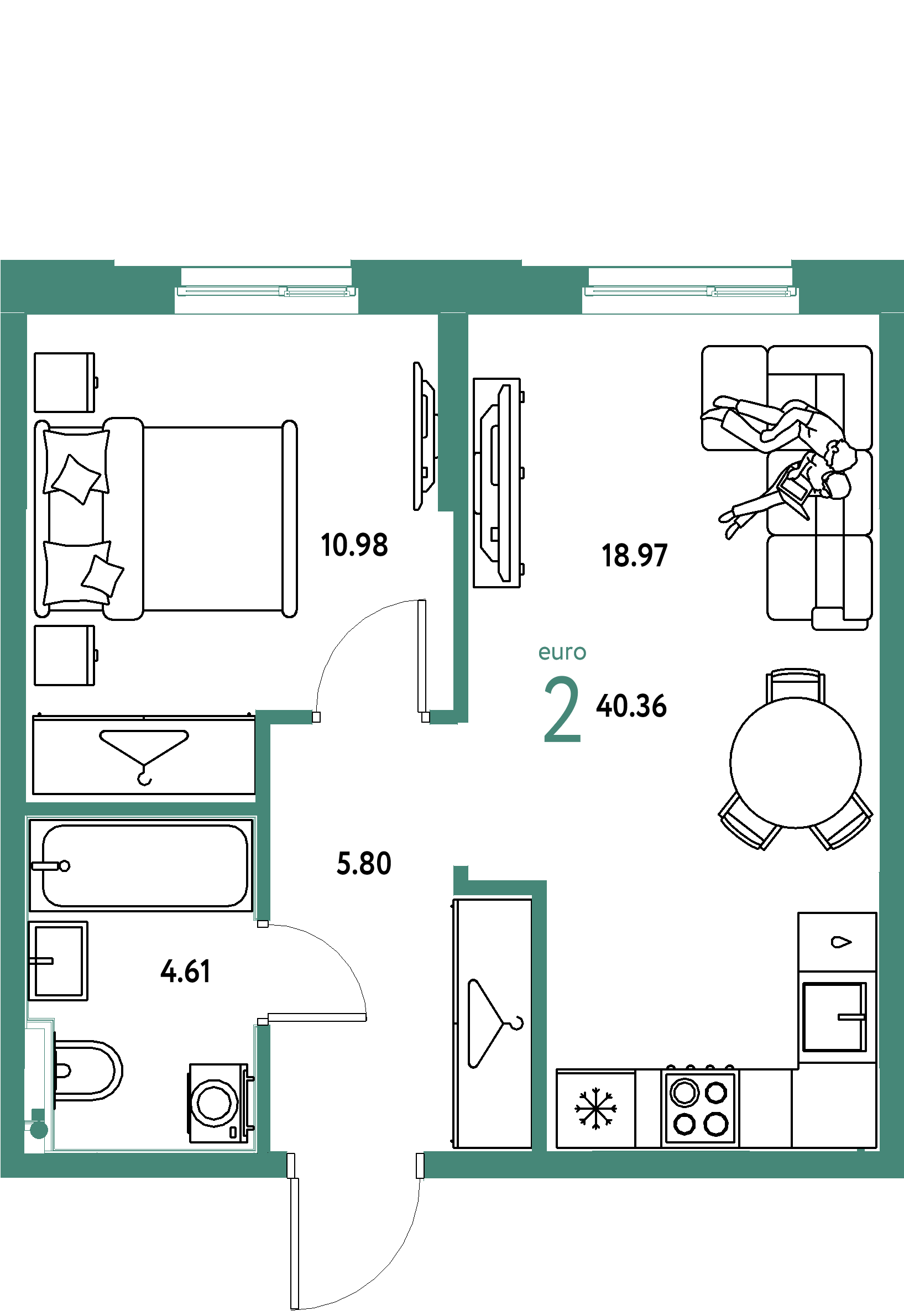 Планировка: Евродвушка 40,36 м² в ЖК «Европейский берег 2.0»