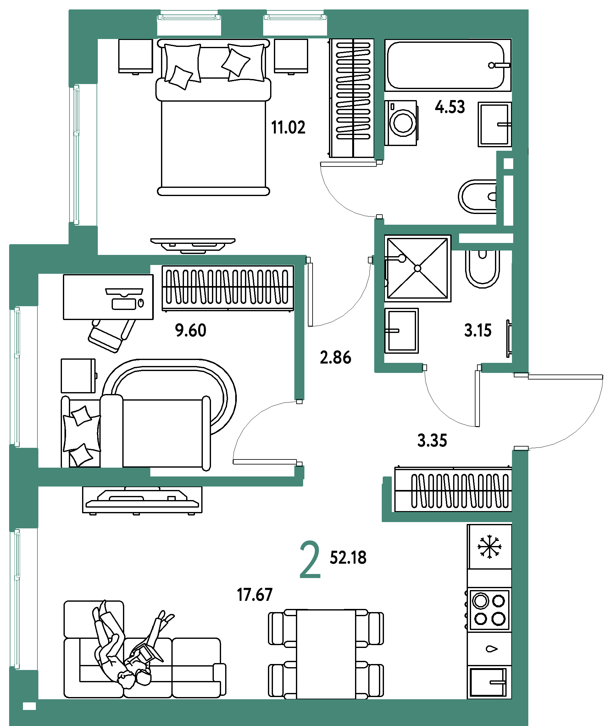 Планировка: 2-комнатная 52,18 м² в ЖК «Остров-сад»