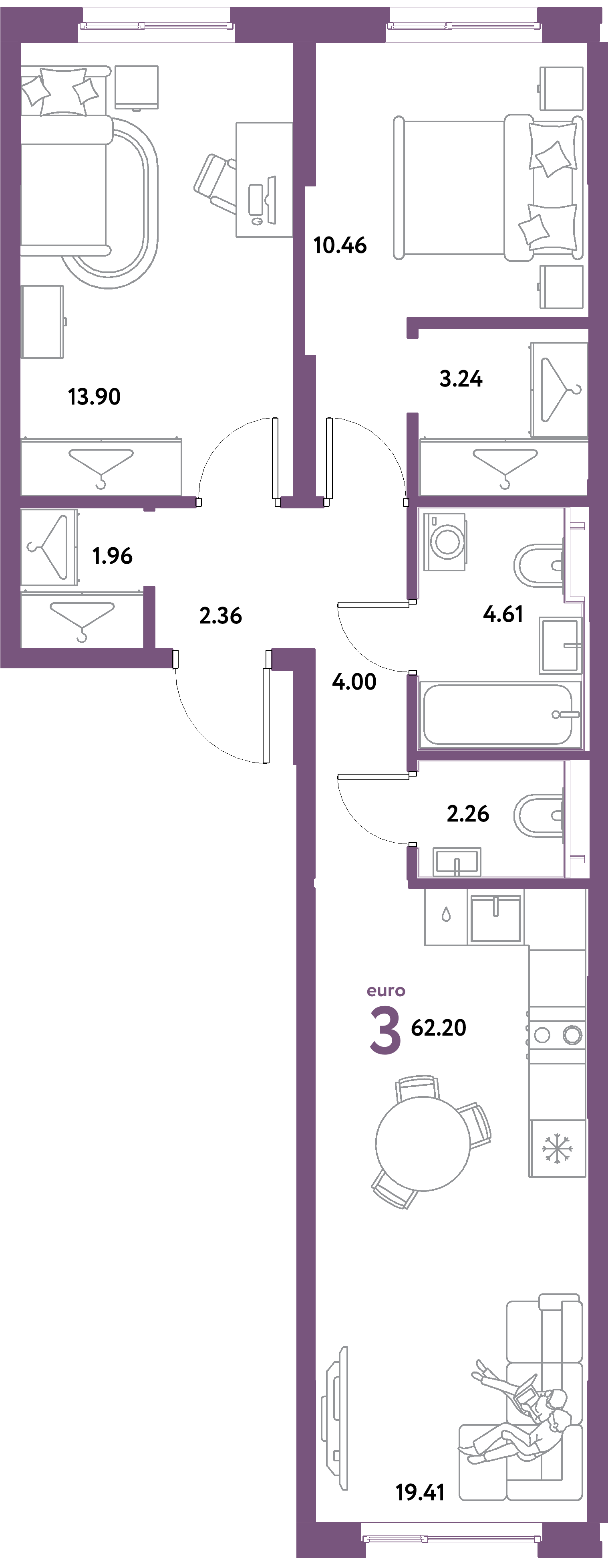 Планировка: Евротрёшка 62,2 м² в ЖК «Остров-сад»