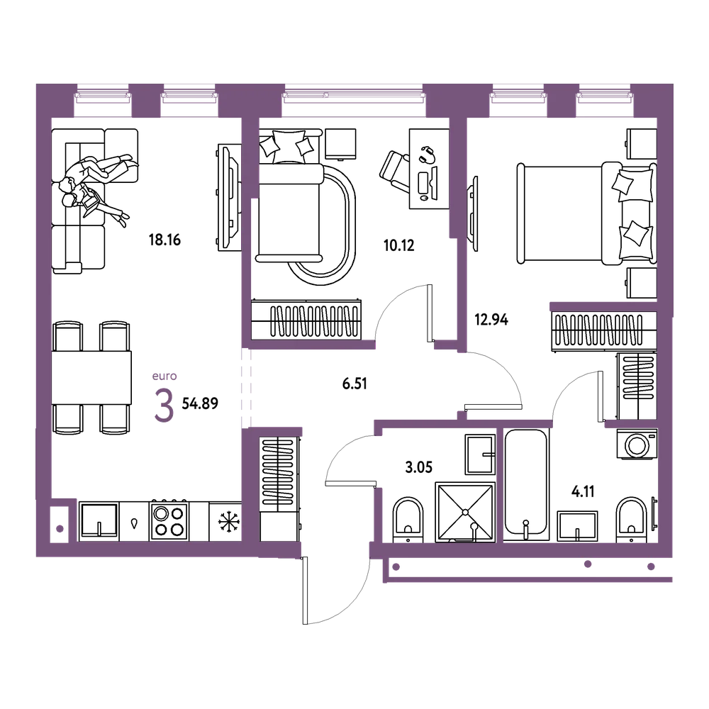 Планировка: Евротрёшка 54,89 м²